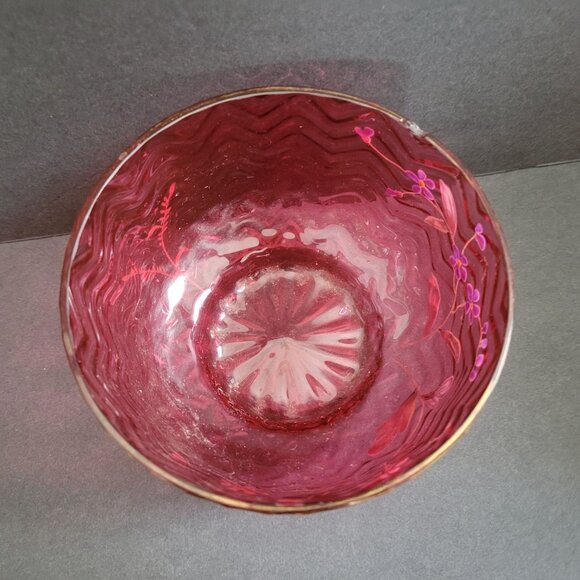 Vintage Hand-Painted Cranberry Glass Bowl Handpainted Floral Design &Chevron Pat - Picture 9 of 13